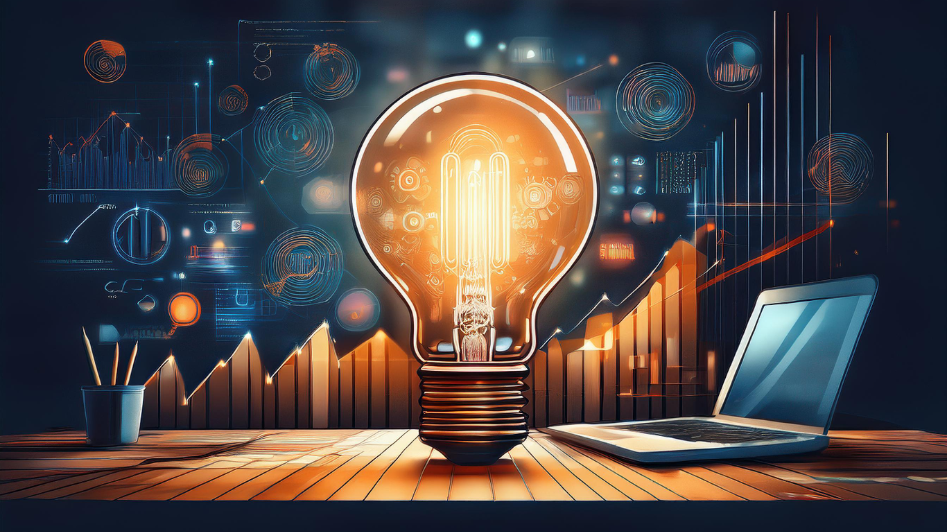 A glowing lightbulb representing innovation and business ideas, with charts and graphs in the background symbolizing growth and success in the startup world.