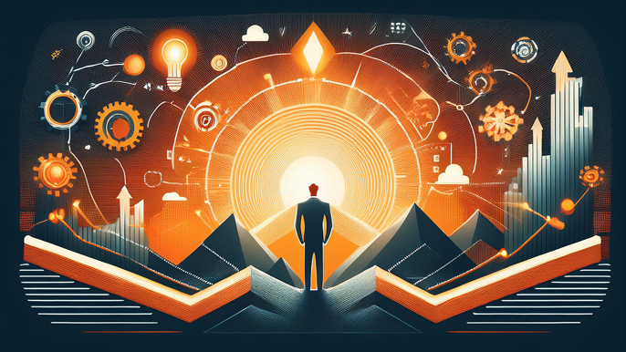 Abstract image symbolizing overcoming fear in business, featuring a rising sun, mountains, upward arrows, and gears representing growth, success, and strategic ideas.