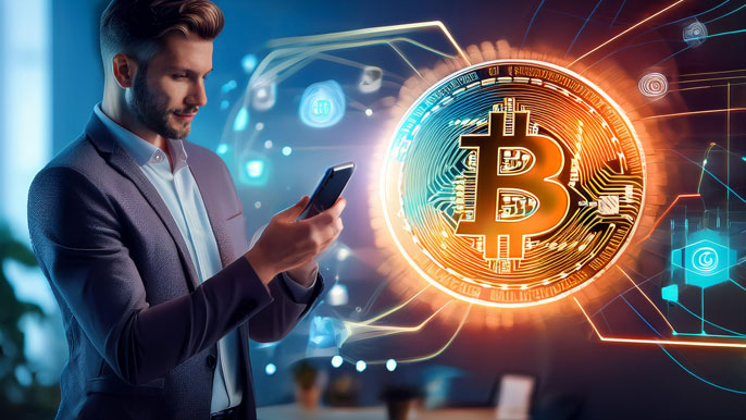 A man using a smartphone to buy Bitcoin, with a glowing Bitcoin logo and digital blockchain graphics in the background, symbolizing secure cryptocurrency investment.