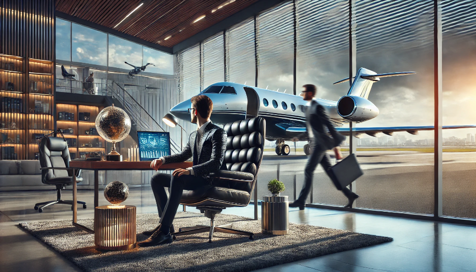 Entrepreneur in a luxurious office with large windows overlooking a private jet and helicopter on a runway, symbolizing speed, luxury, and comfort for business growth.