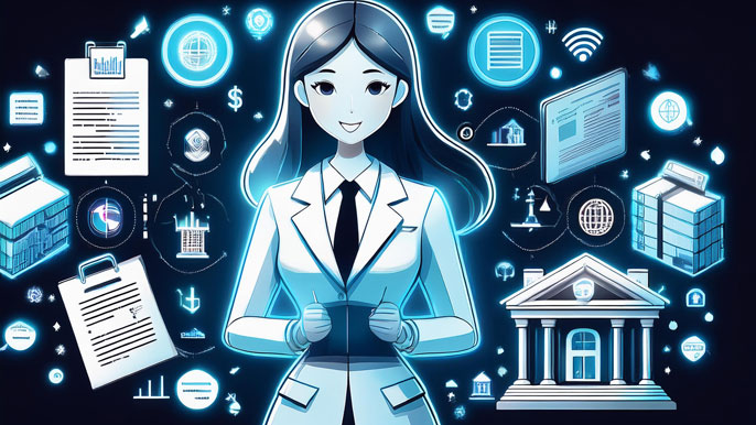 Businesswoman surrounded by various business-related icons such as bank accounts, legal documents, contracts, and tax forms, symbolizing the ability of a solo entrepreneur to manage and hold 100% shares in an Estonian private limited company.