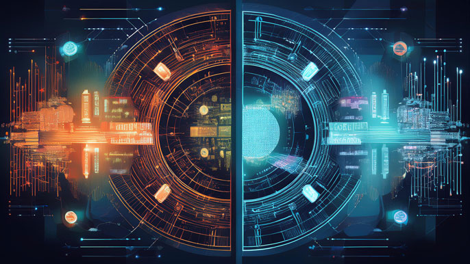 A split-screen concept illustrating the differences between centralized exchanges (CEX) with advanced trading tools and decentralized exchanges (DEX) powered by blockchain networks.