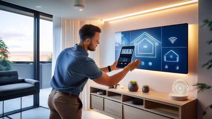 A professional installer configuring a central smart home hub on a touchscreen panel in a modern living room, connecting lighting, security, and thermostat systems.