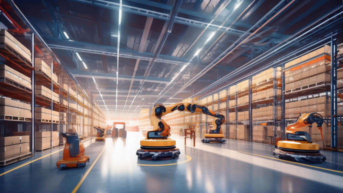 A high-tech warehouse with robotic arms and autonomous vehicles moving goods efficiently among stacked shelves.