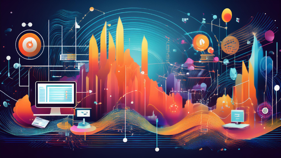 Abstract representation of interactive marketing courses with vibrant digital elements, growth charts, and interconnected pathways symbolizing knowledge transfer and business success.