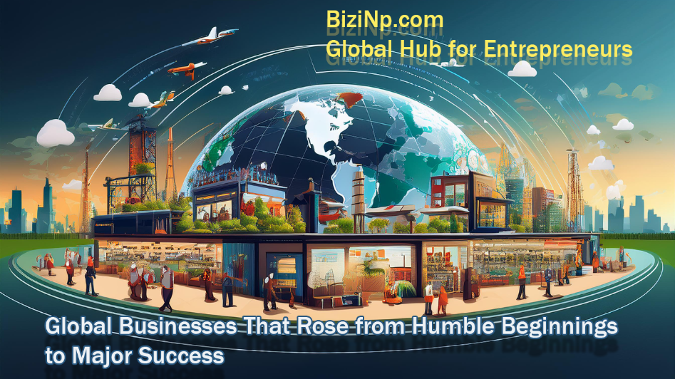 Global businesses that grew from small beginnings to major success, showcasing industries evolving from local operations to global enterprises, with BiziNp.com as the hub for entrepreneurs.