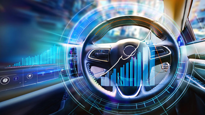 A car steering wheel seamlessly blending into a digital business graph, symbolizing the connection between driving dealership success and achieving business growth through strategic decisions and technology integration.