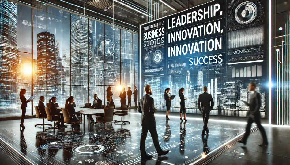 A futuristic business setting featuring digital screens displaying motivational quotes on leadership, innovation, and success, with professionals collaborating in a sleek, modern environment.