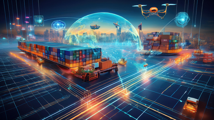 A futuristic global supply chain network with advanced logistics hubs, automated robots, drones, and AI-powered tracking systems, showcasing efficient cross-border delivery and technological advancements in 2025