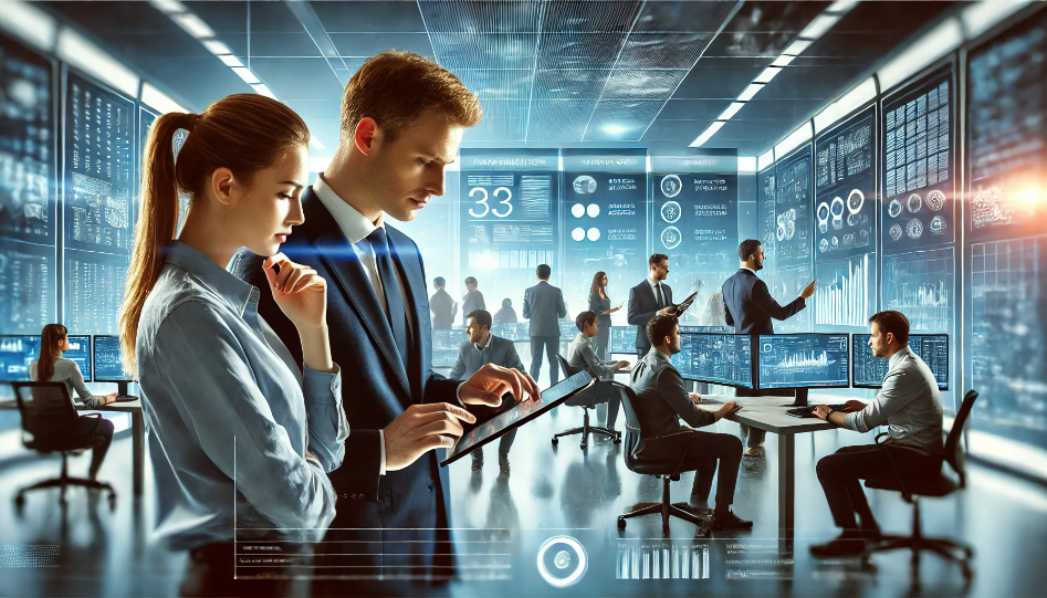 Business image featuring a modern IT operations center. The scene includes diverse professionals working with multiple screens displaying data and analytics. Two people are in focus, collaborating over a tablet, with other team members in the background.