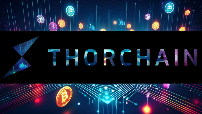 THORChain logo with a futuristic digital background featuring glowing cryptocurrency icons and interconnected blockchain pathways.