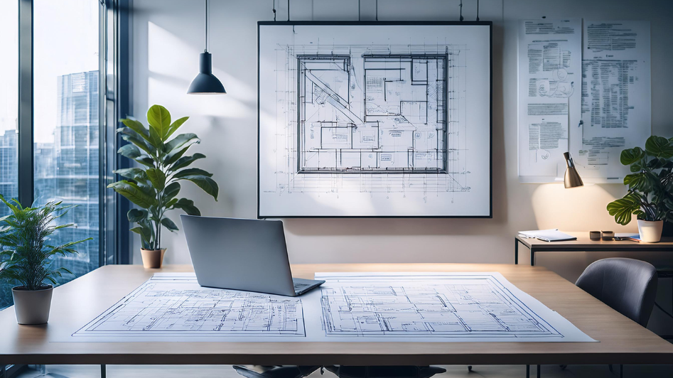 Modern office desk with blueprints, a laptop, and technical patent drawings displayed on the wall, symbolizing innovation and patent protection