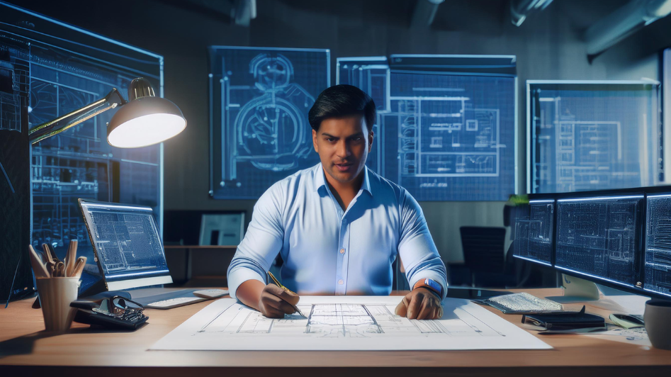 A self-made entrepreneur working on engineering blueprints at a desk, surrounded by technology, symbolizing perseverance and success in building a business despite early struggles.