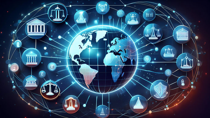 Digital globe surrounded by interconnected blockchain symbols and legal icons like scales and gavels, representing global cryptocurrency regulations.