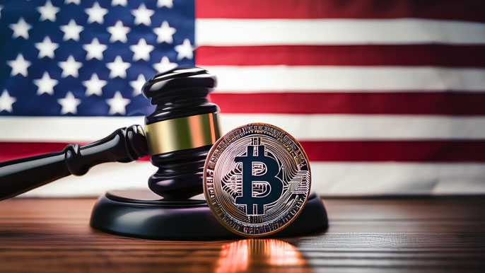 The image shows a gavel and a Bitcoin coin on a wooden table with the US flag in the background, symbolizing the regulatory challenges and legal aspects of cryptocurrency in the United States.