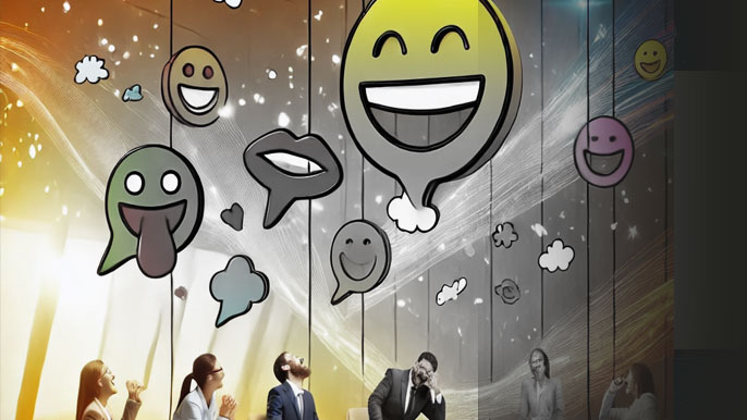 A business meeting filled with floating smiley faces, speech bubbles, and playful symbols of laughter, with professionals smiling and enjoying a light-hearted atmosphere, symbolizing the positive effects of humor in business settings.