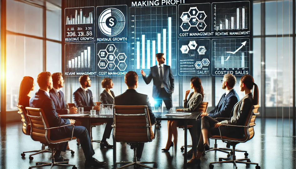 Business professionals discussing profit strategies with digital charts and graphs in a modern office setting.