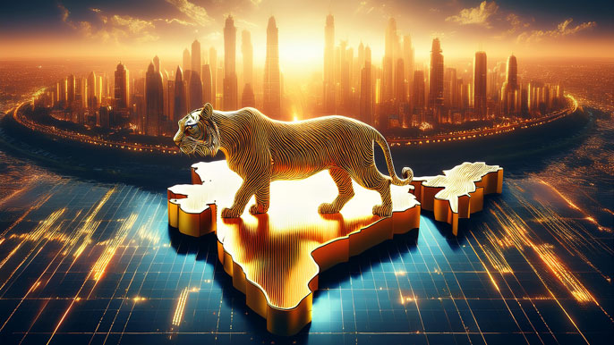 A golden tiger standing on a map of India, surrounded by futuristic skyscrapers and glowing financial grids, symbolizing India’s economic rise.