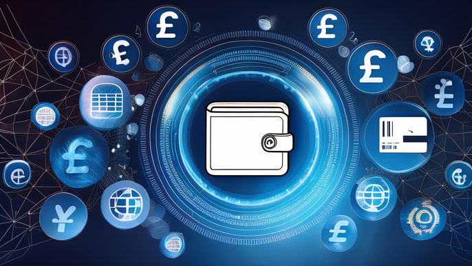 A digital wallet icon at the center surrounded by floating pound currency symbols, credit card icons, and global banking symbols, representing the various UK payment systems, including traditional and digital payment options for businesses.