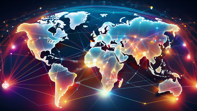 Digital world map with glowing interconnected nodes, symbolizing global collaboration and crowdsourcing innovation across regions.