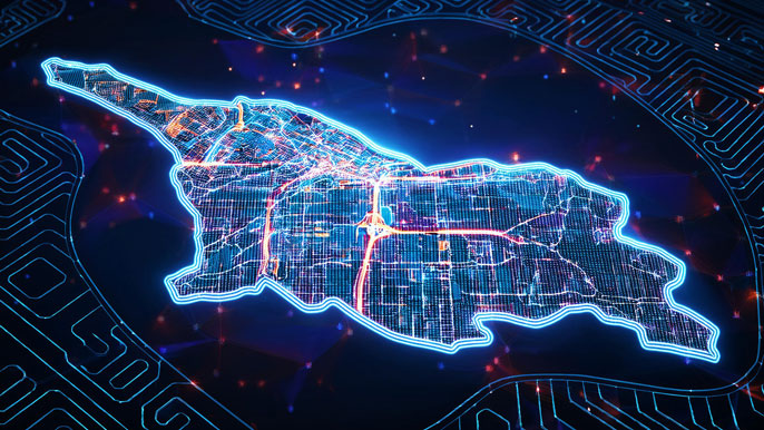 A glowing digital map of Georgia highlighting key cities like Tbilisi, Batumi, and Kutaisi, symbolizing interconnected business opportunities and investment potential across the country.