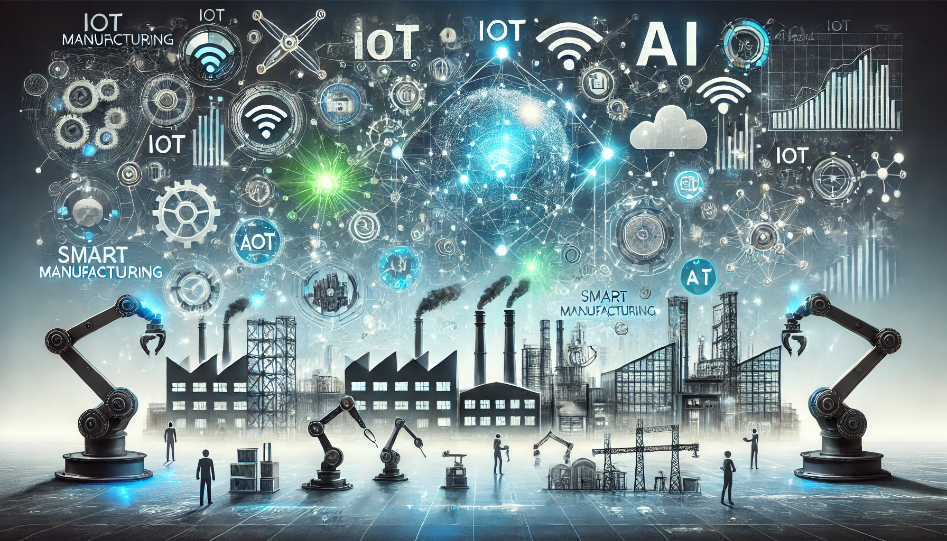 A futuristic representation of smart manufacturing, featuring robotic arms, factory buildings, and digital grids symbolizing IoT, AI, and automation in production processes.