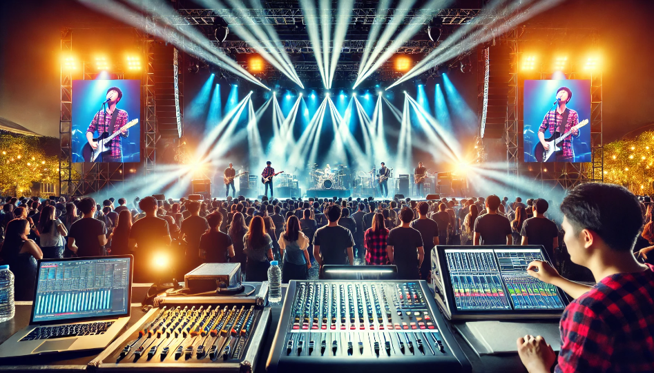 Vibrant live event scene with a large stage, dynamic lighting, a band performing, and event organizers managing sound and lighting equipment.