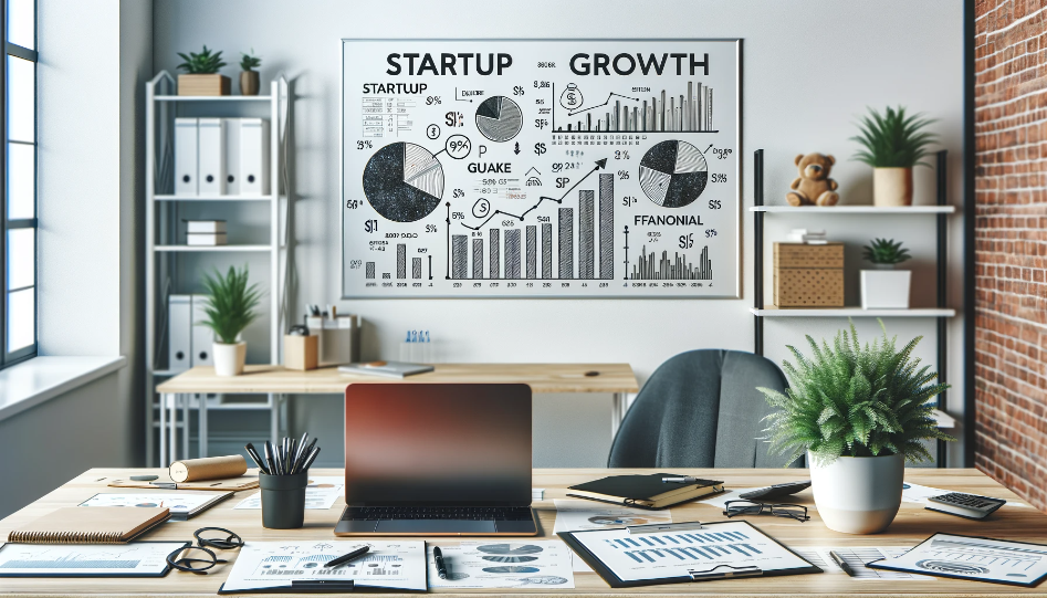 Modern office setup with a whiteboard displaying business metrics, a desk with a laptop, financial documents, and a plant.