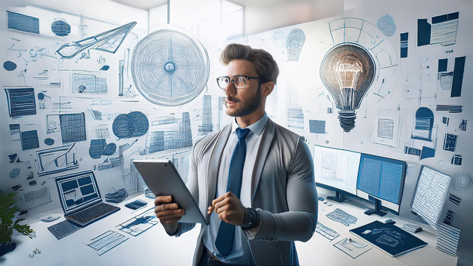 Entrepreneur in a creative workspace, holding a tablet and surrounded by brainstorming sketches and innovative designs on the wall, symbolizing vision and innovation.