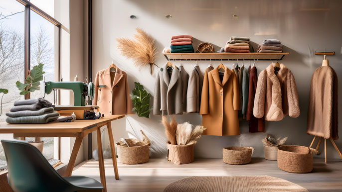 A workshop displaying eco-friendly winter coats and scarves made from sustainable materials, with a sewing machine and neutral fabrics nearby.