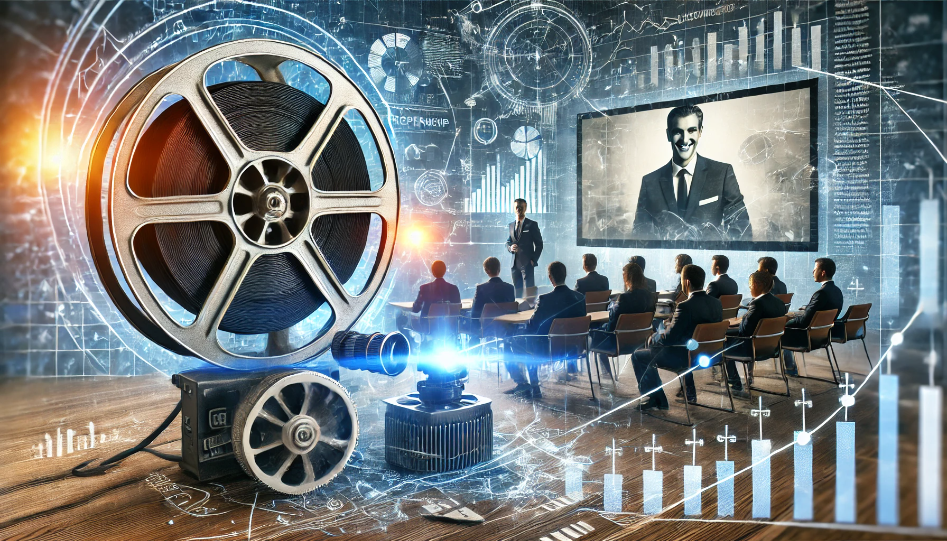 A wide image blending film and entrepreneurship themes, with a film reel projecting an entrepreneur giving a presentation in a modern office, alongside business charts and cinematic elements.