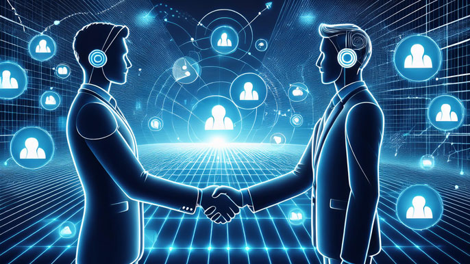 Two digital avatars in business attire shake hands in a futuristic digital landscape, surrounded by icons of profiles, representing networking and collaboration on platforms like LinkedIn.