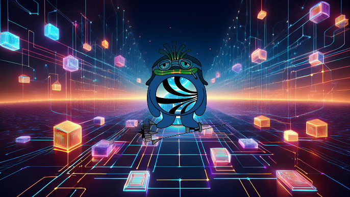 Digital futuristic blockchain network with glowing nodes, showcasing the GOGLZ Token logo at the center, symbolizing innovation and connectivity in decentralized finance, NFTs, and virtual reality.