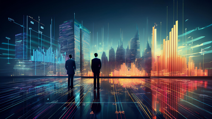 Two business professionals analyzing digital financial data with city skyscrapers in the background, representing the global comparison between US GAAP and IFRS accounting standards.