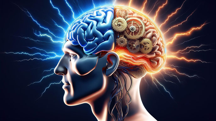 A side profile of a human brain split into two halves: one side glowing with blue lightning bolts, symbolizing quick, instinctive thinking (System 1), and the other side with gears slowly turning, representing deliberate, logical thinking (System 2).