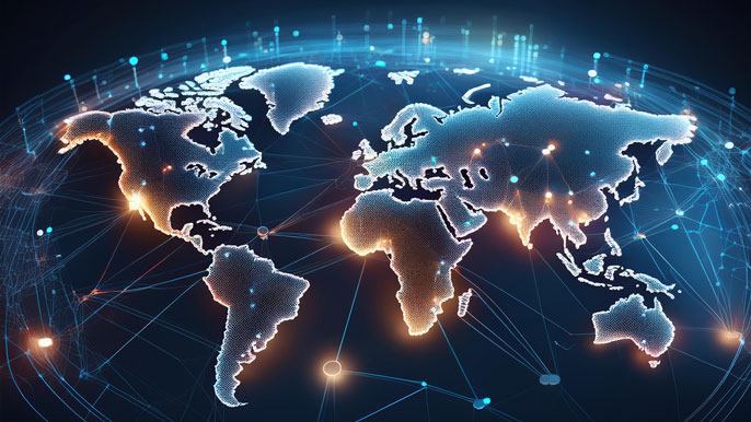 A glowing world map with interconnected lines and nodes, representing global business connections and networks across multinational markets.