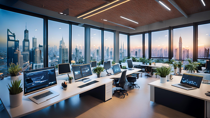 A modern, open office space with large windows overlooking a city skyline, symbolizing the dynamic and collaborative nature of startup ecosystems, showcasing innovative technology and growth-focused workstations.