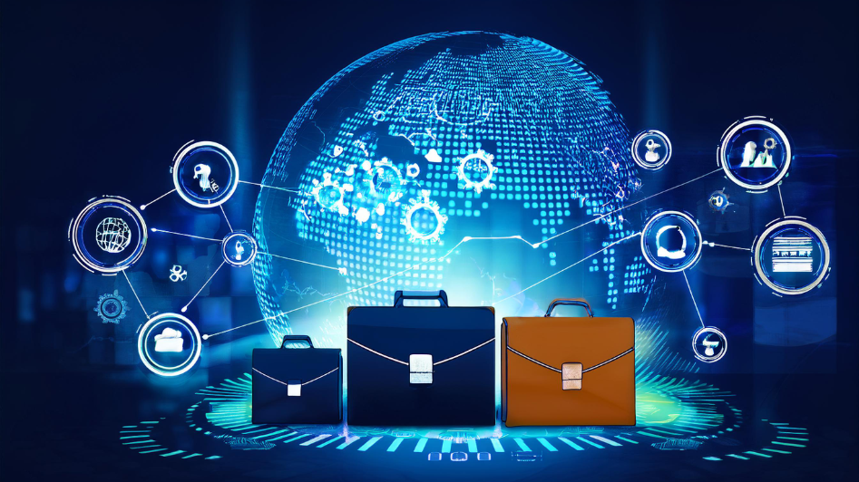 A digital representation of global business and MBA demand, featuring interconnected briefcases and technology icons with a glowing globe, symbolizing innovation, leadership, and strategic thinking