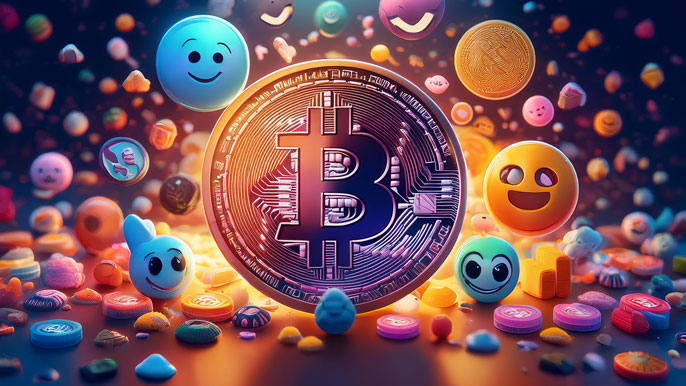 A playful representation of a Bonk token surrounded by colorful emojis, coins, and lighthearted elements, highlighting its meme-inspired origins and community-driven appeal in the cryptocurrency world.