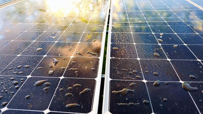 A side-by-side comparison of two solar panels, one with a clean, water-repellent surface and the other covered in dirt and water droplets, illustrating the benefits of Ceracoat self-cleaning ceramic coating for improved solar panel efficiency.