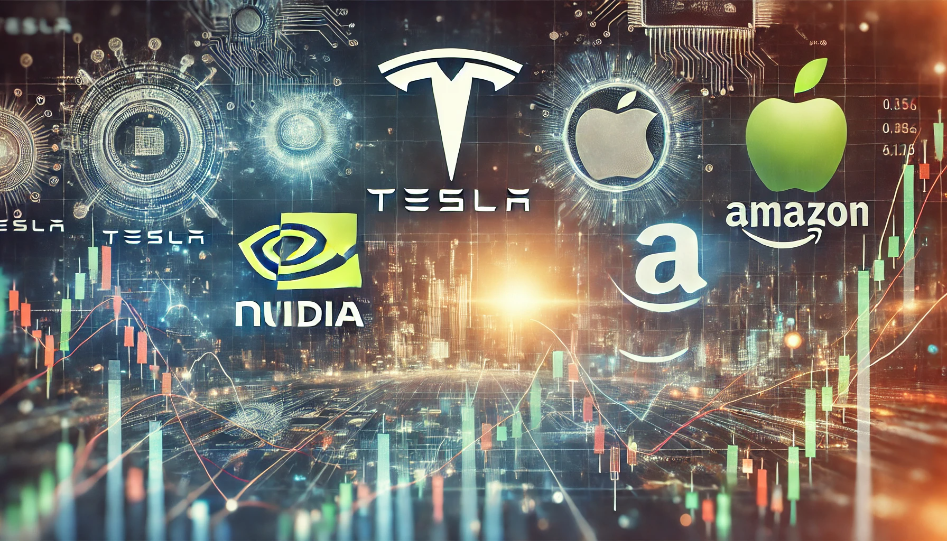 Featuring logos of companies like Tesla, Apple, NVIDIA, and Amazon, with a backdrop of fluctuating stock market graphs and digital data streams, representing market leadership and technological innovation.