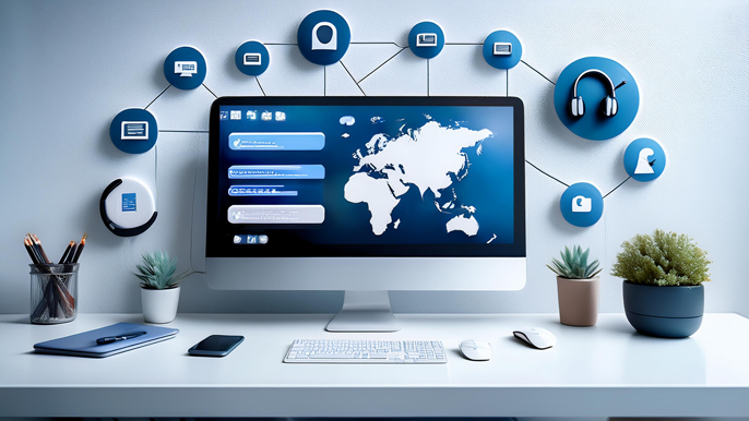 Customer service desk with a computer displaying communication software and icons representing essential skills like problem-solving and time management, symbolizing the importance of effective customer service.