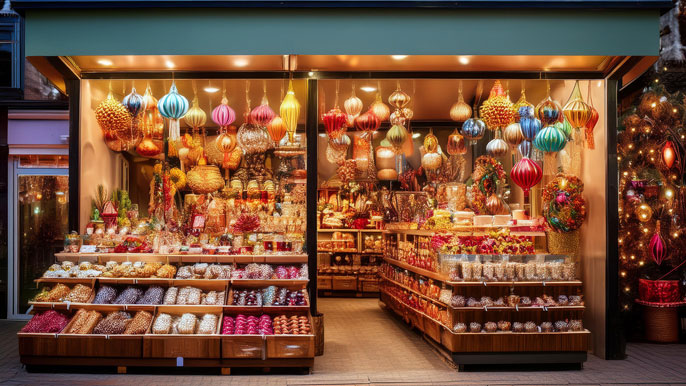 A festive store display filled with colorful holiday-themed decorations, ornaments, and gifts, showcasing seasonal products designed to attract festival shoppers.