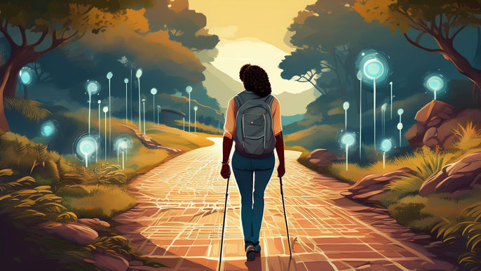 A visually impaired individual confidently walking along a digitally enhanced path with virtual guiding markers, symbolizing how AI provides real-time navigation assistance for safe and independent travel.