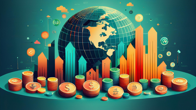 Abstract representation of alternative investments featuring global financial symbols, stacked coins, and rising bar graphs, symbolizing diversification and growth