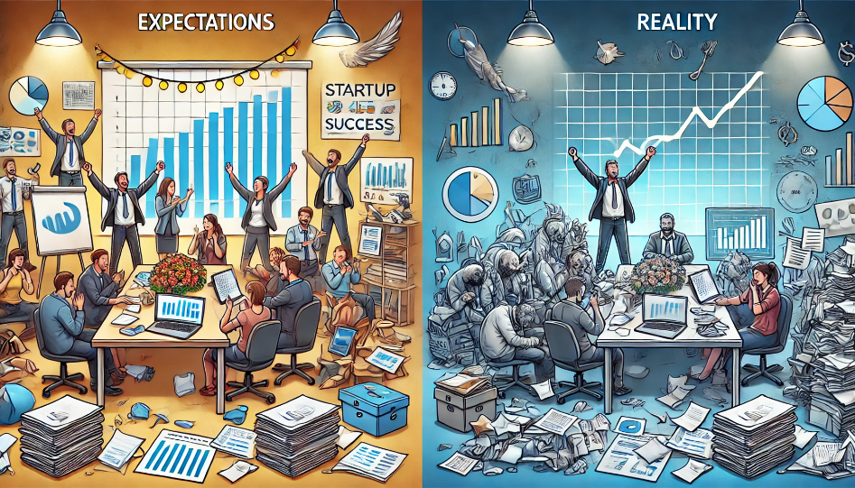 An abstract illustration showing the contrast between the expectations and reality of startup life, symbolizing growth, challenges, and innovation.