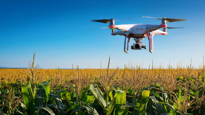 Drone monitoring crop health in a cornfield under a clear blue sky, demonstrating precision agriculture technology.