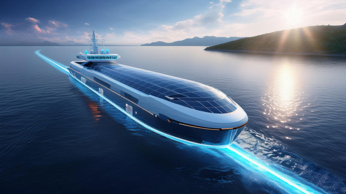 A futuristic, sleek ship powered by AI and solar panels, sailing through calm waters with a glowing trail, symbolizing the future of autonomous and sustainable shipping.