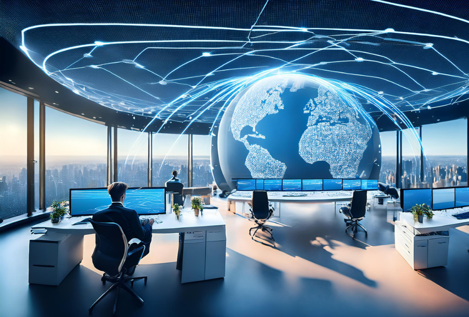 Futuristic office with global digital connections, representing freelancers collaborating remotely across the world to grow businesses efficiently in 2025.