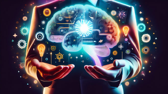 Abstract glowing brain surrounded by symbols of creativity and leadership, representing the debate of whether entrepreneurs are born with traits or develop them through learning.